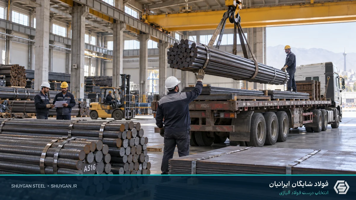 صحنه صنعتی ایرانی مرتبط با خرید فولاد آلیاژی و کنترل مقاطع فولادی